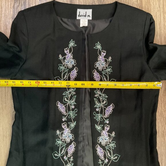 Vintage David N. Linen Blazer Jacket Coat Duster Cardigan Black Embroidered Sz 6 - Picture 6 of 6